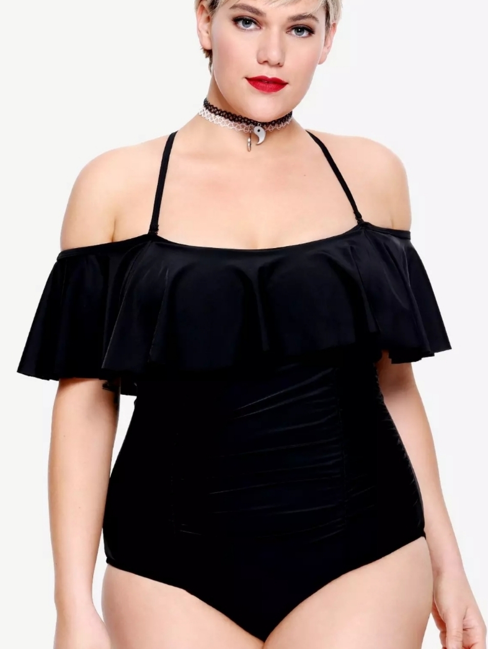 Hot Topic Black Off-The-Shoulder Ruffle Swimsuit